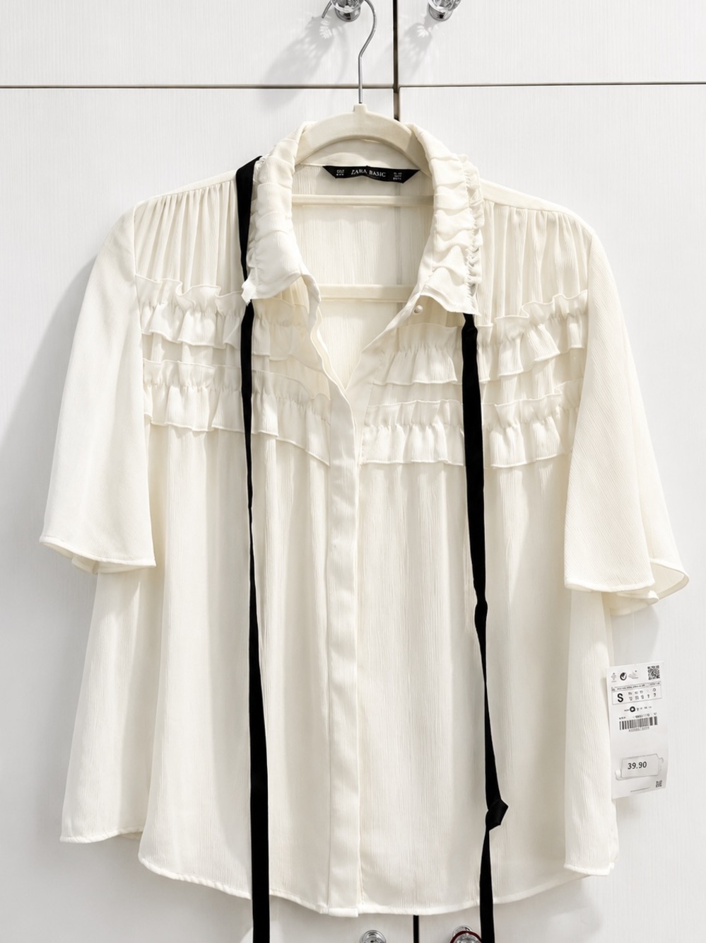 Zara Cream Ruffle Blouse with Black Tie Neck
